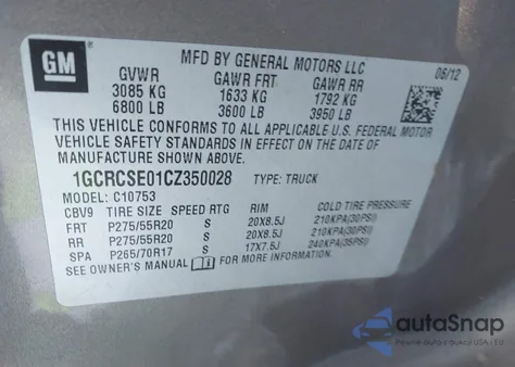 2012 Chevrolet Silverado 1500 Lt из США, поврежденный, VIN 1GCRCSE01CZ350028